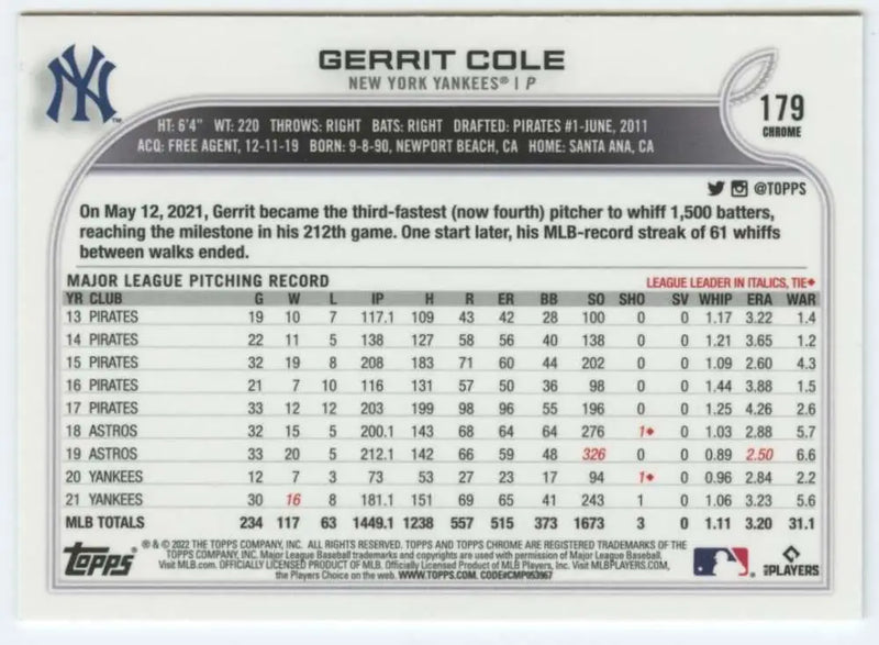 2022 Topps Chrome #179 Gerrit Cole NM-MT New York Yankees Baseball Card - Baseball Card Single