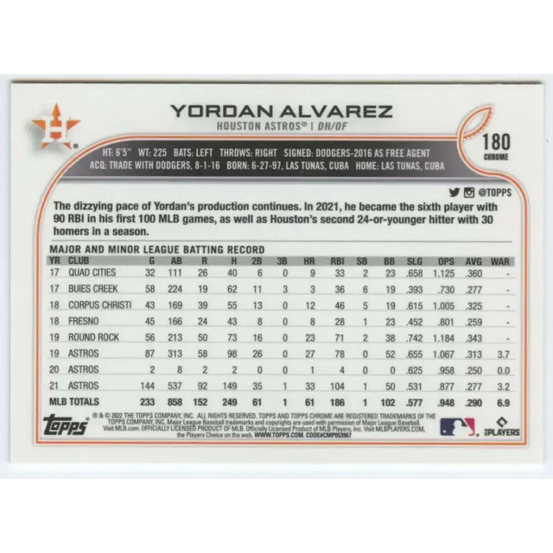 2022 Topps Chrome #180 Yordan Alvarez NM-MT Houston Astros Baseball Card - Baseball Card Single