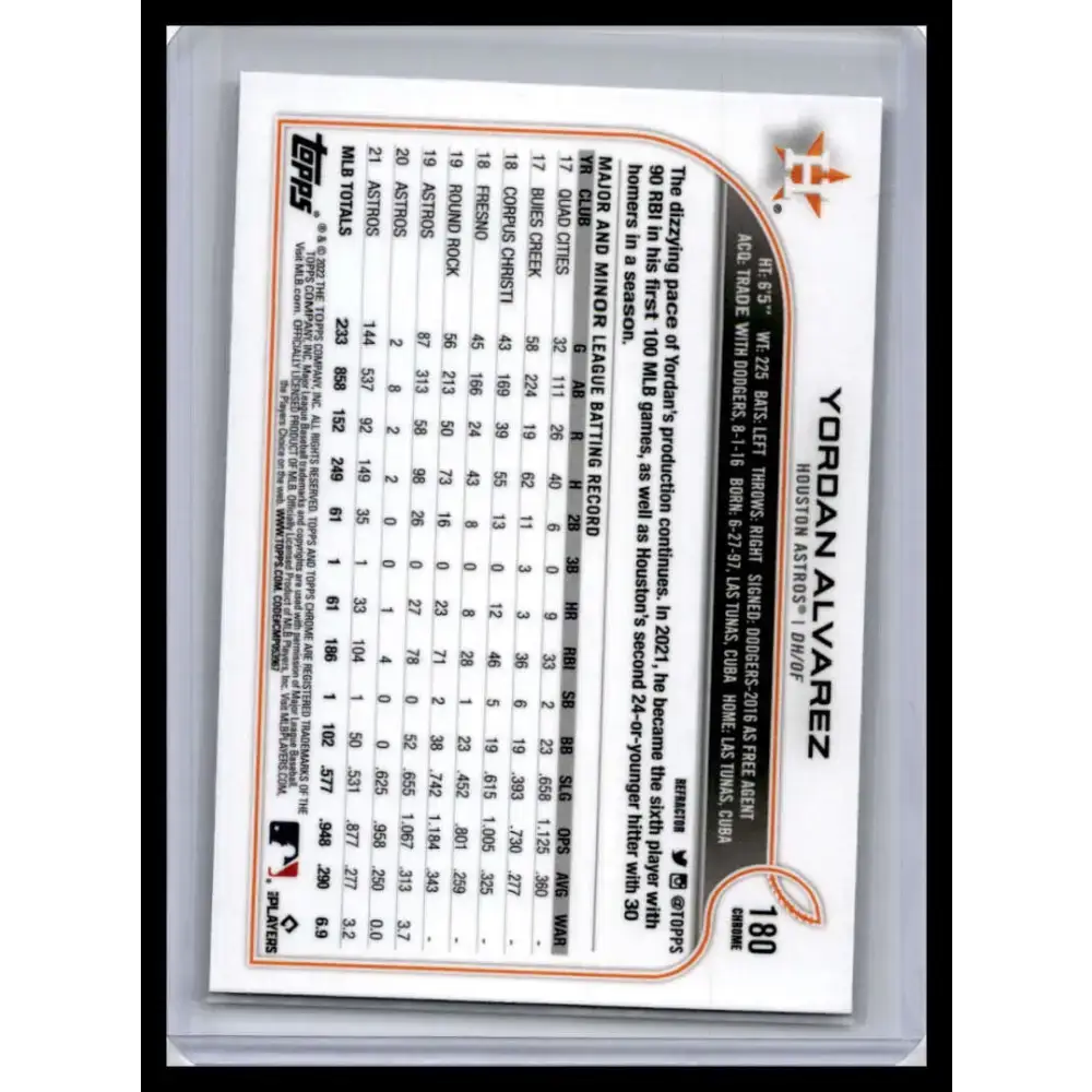 2022 Topps Chrome #180 Yordan Alvarez NM-MT Houston Astros Baseball Card - Baseball Card Single