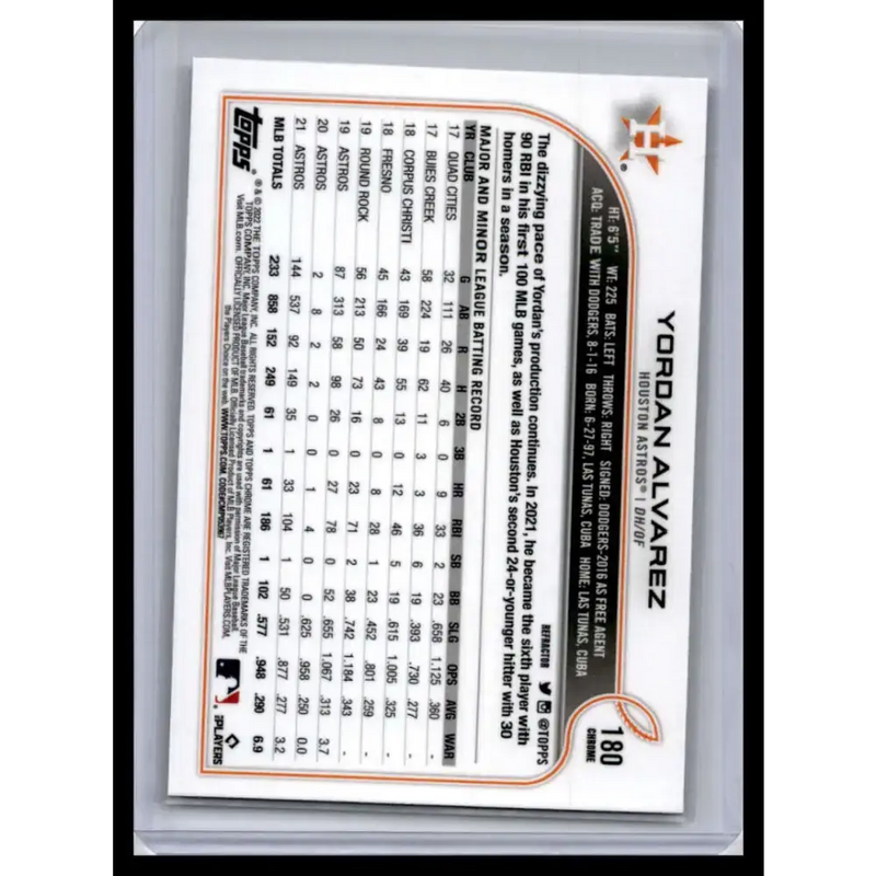 2022 Topps Chrome #180 Yordan Alvarez NM-MT Houston Astros Baseball Card - Baseball Card Single