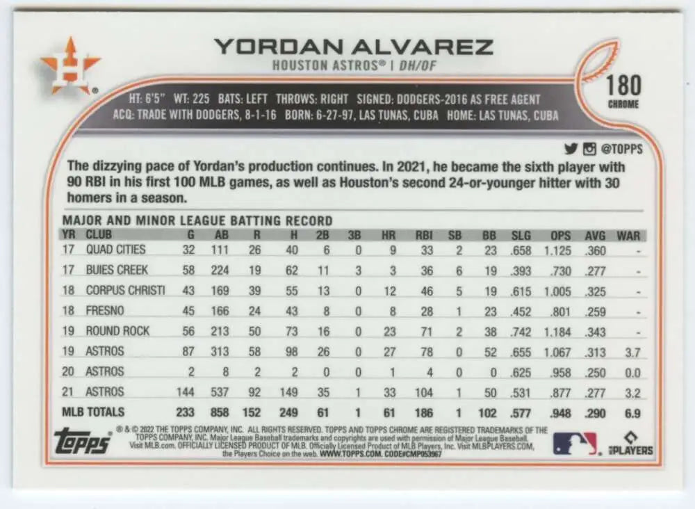2022 Topps Chrome #180 Yordan Alvarez NM-MT Houston Astros Baseball Card - Baseball Card Single