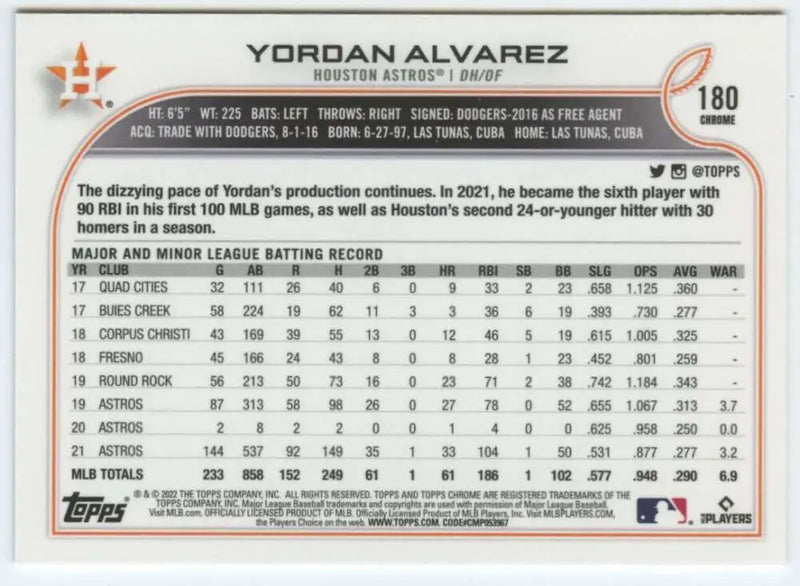 2022 Topps Chrome #180 Yordan Alvarez NM-MT Houston Astros Baseball Card - Baseball Card Single