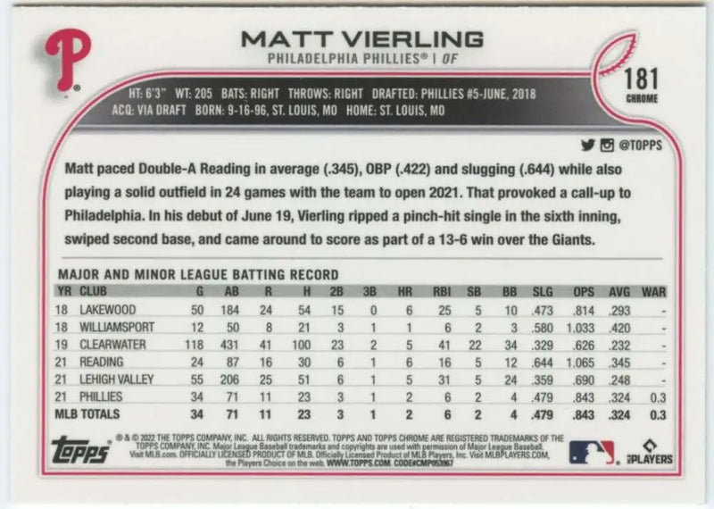 2022 Topps Chrome #181 Matt Vierling NM-MT RC Rookie Philadelphia Phillies Baseball Card - Baseball Card Single