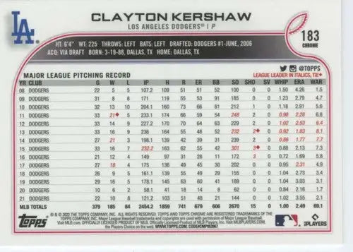 2022 Topps Chrome #183 Clayton Kershaw NM-MT Dodgers ID:51609 - Baseball Card Single