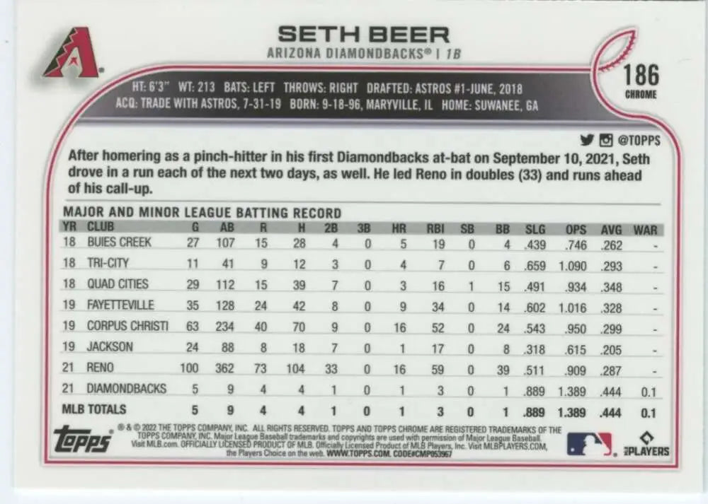 2022 Topps Chrome #186 Seth Beer NM-MT RC Rookie Arizona Diamondbacks Baseball Card