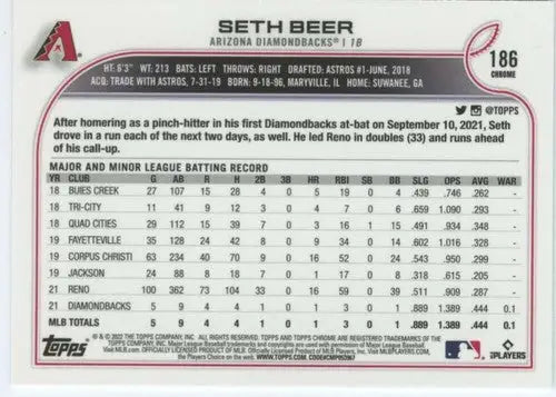 2022 Topps Chrome #186 Seth Beer NM-MT RC Rookie Diamondbacks ID:51619 - Baseball Card Single