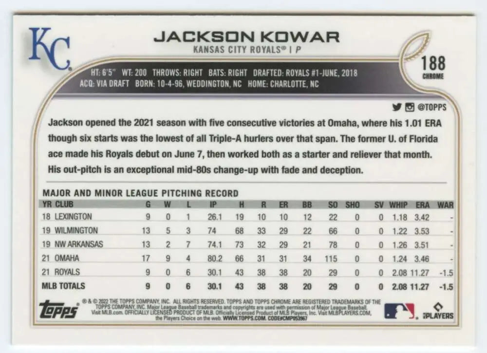 2022 Topps Chrome #188 Jackson Kowar NM-MT RC Rookie Kansas City Royals Baseball Card - Baseball Card Single