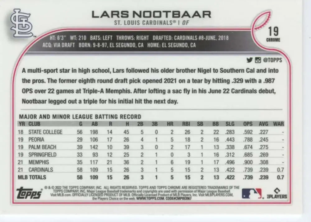 2022 Topps Chrome #19 Lars Nootbaar NM-MT RC Rookie St. Louis Cardinals Baseball Card - Baseball Card Single