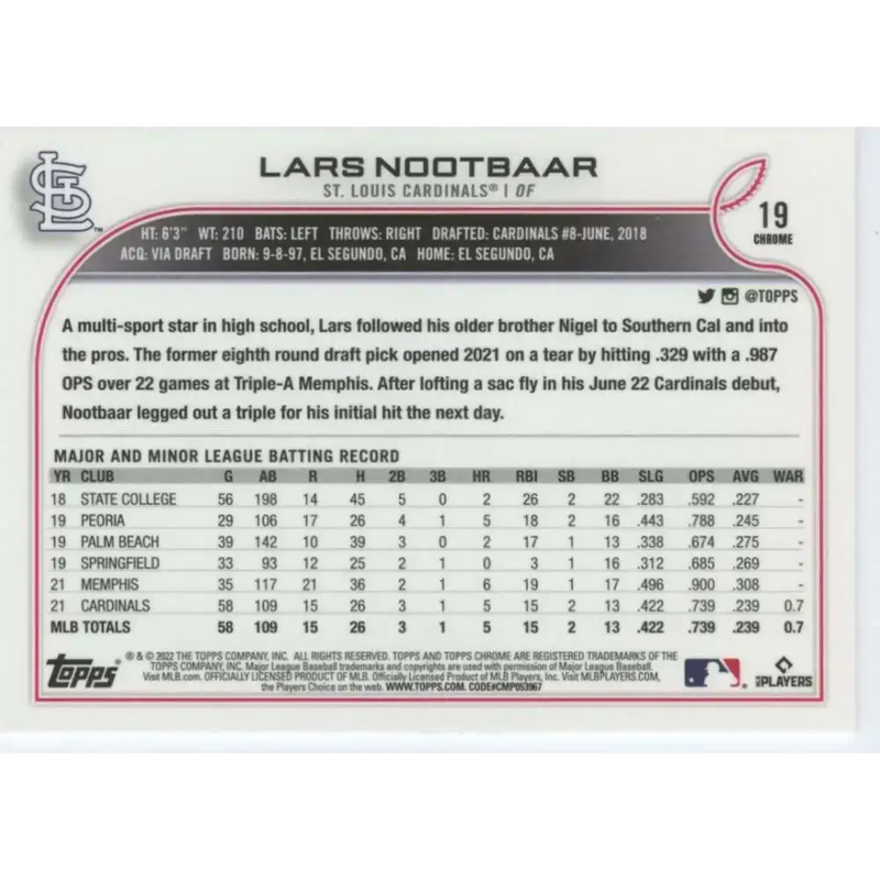 2022 Topps Chrome #19 Lars Nootbaar NM-MT RC Rookie St. Louis Cardinals Baseball Card - Baseball Card Single