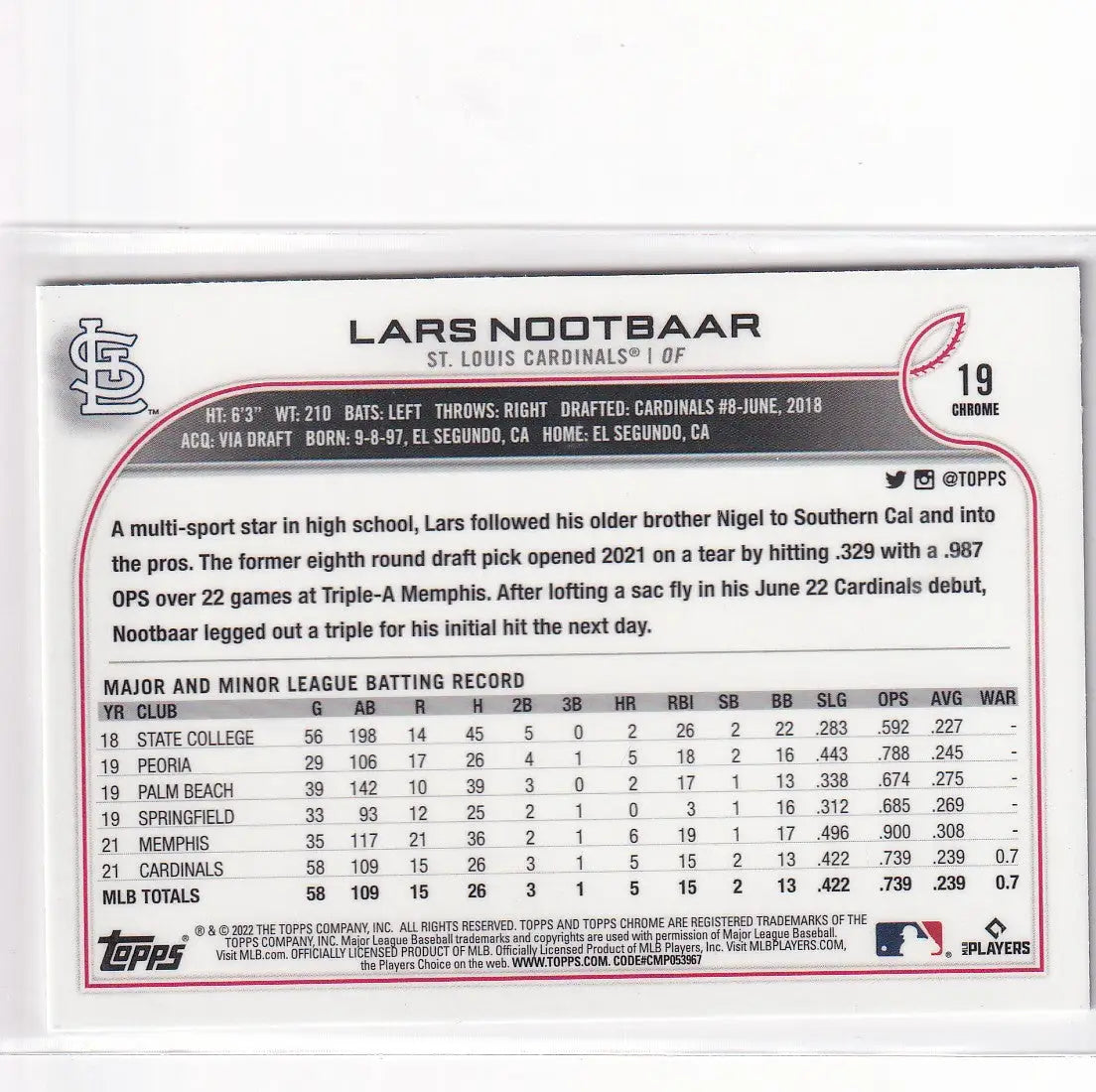 2022 TOPPS CHROME #19 LARS NOOTBAAR- ST LOUIS CARDINALS - Baseball Card Single