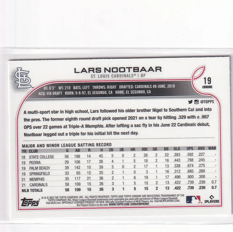 2022 TOPPS CHROME #19 LARS NOOTBAAR- ST LOUIS CARDINALS - Baseball Card Single