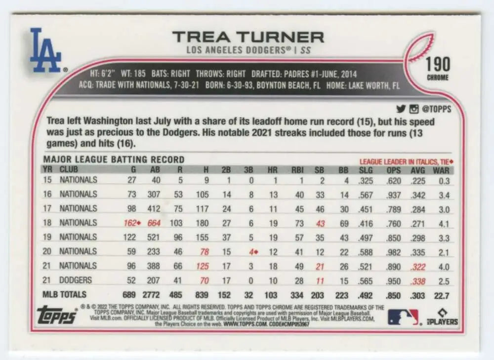 2022 Topps Chrome #190 Trea Turner NM-MT Los Angeles Dodgers Baseball Card - Baseball Card Single