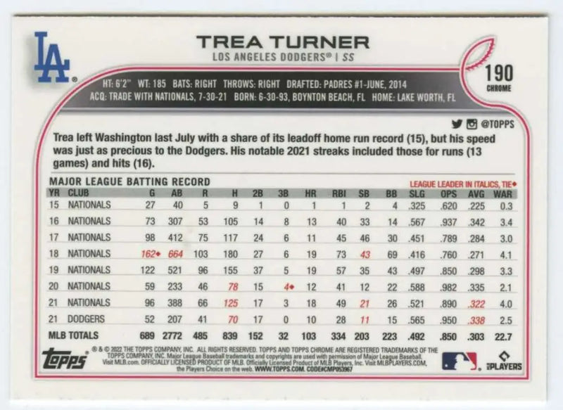 2022 Topps Chrome #190 Trea Turner NM-MT Los Angeles Dodgers Baseball Card - Baseball Card Single