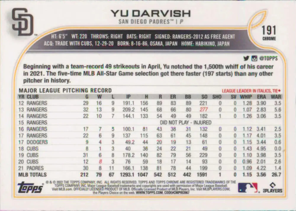 2022 Topps Chrome #191 Yu Darvish NM-MT San Diego Padres Baseball Card - Baseball Card Single