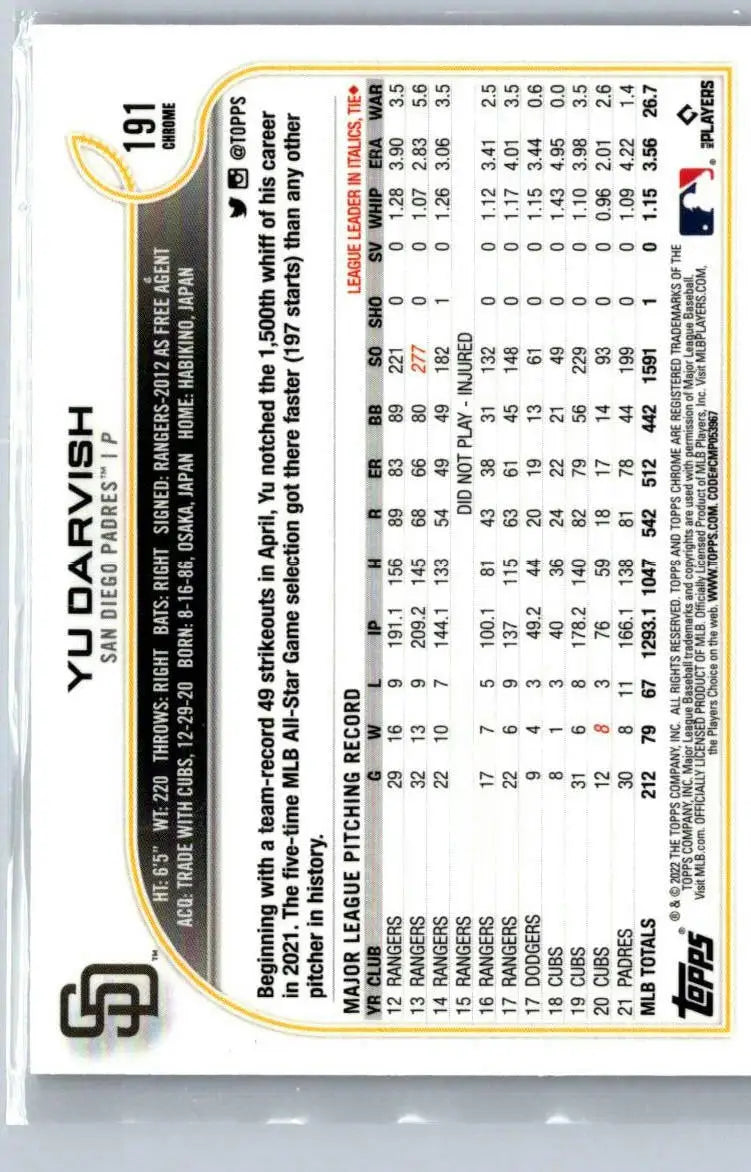 2022 Topps Chrome Yu Darvish Sepia Refractor baseball card featuring Darvish Sepia Refractor design