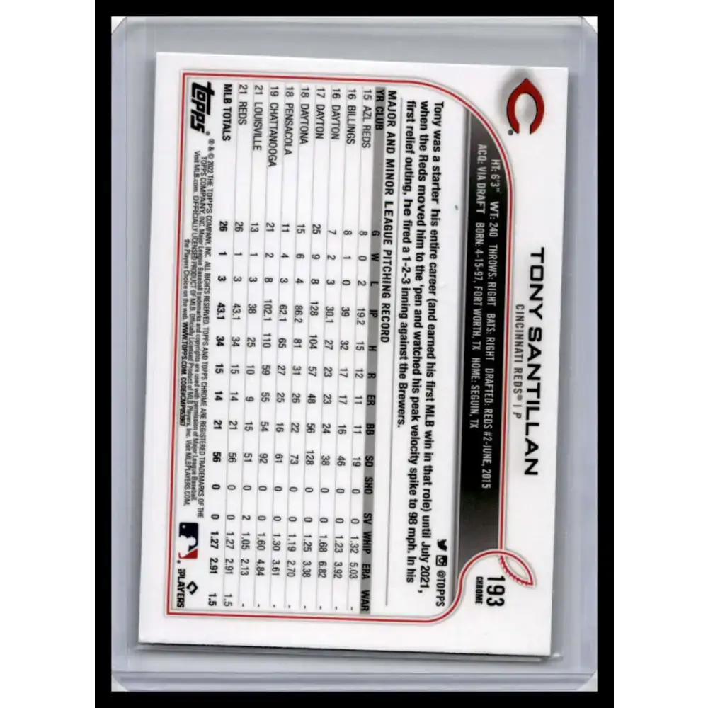 2022 Topps Chrome #193 Tony Santillan NM-MT Cincinnati Reds Baseball Card - Baseball Card Single