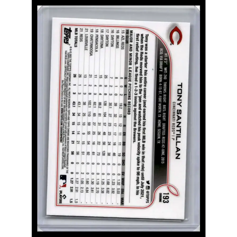 2022 Topps Chrome #193 Tony Santillan NM-MT Cincinnati Reds Baseball Card - Baseball Card Single