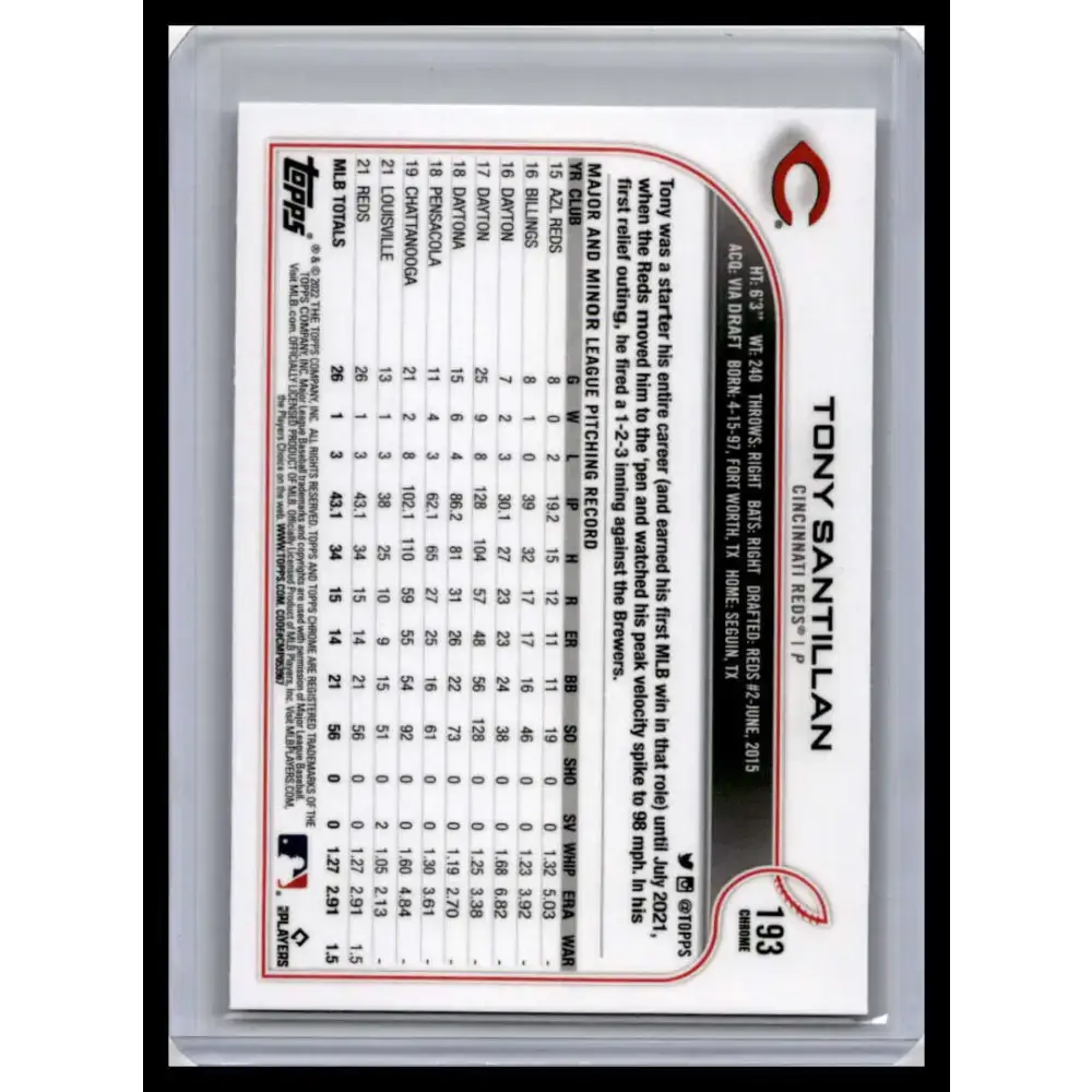 2022 Topps Chrome #193 Tony Santillan NM-MT Cincinnati Reds Baseball Card - Baseball Card Single