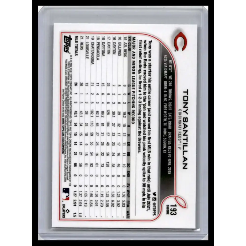 2022 Topps Chrome #193 Tony Santillan NM-MT Cincinnati Reds Baseball Card - Baseball Card Single
