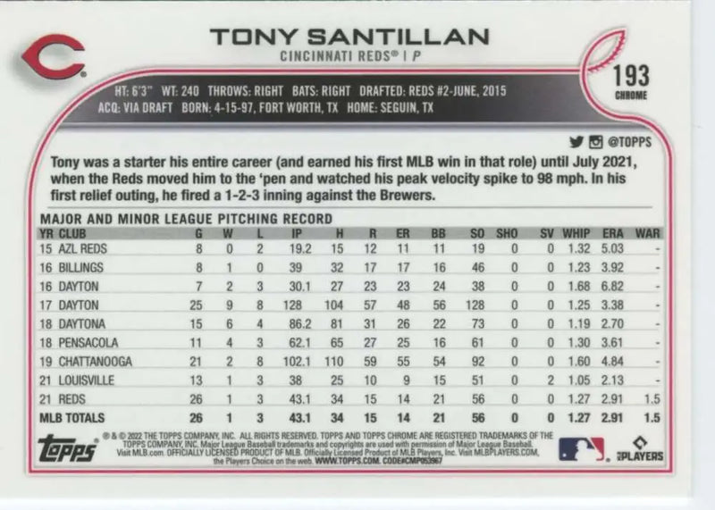 2022 Topps Chrome #193 Tony Santillan NM-MT RC Rookie Cincinnati Reds Baseball Card - Baseball Card Single