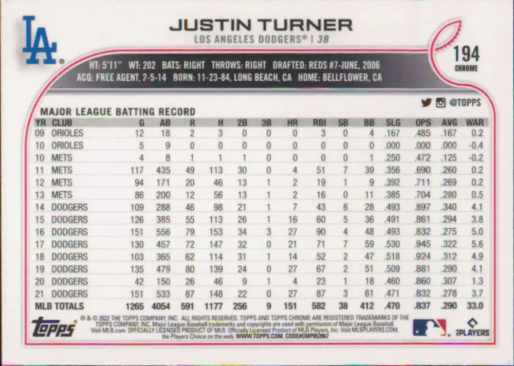 2022 Topps Chrome #194 Justin Turner NM-MT Los Angeles Dodgers Baseball Card - Baseball Card Single