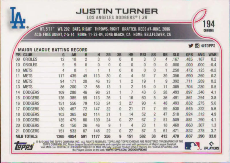 2022 Topps Chrome #194 Justin Turner NM-MT Los Angeles Dodgers Baseball Card - Baseball Card Single