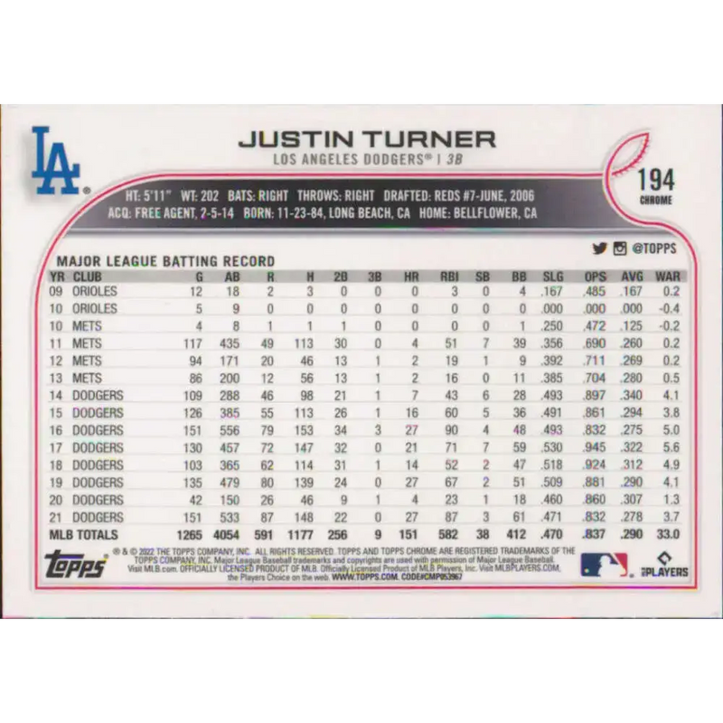 2022 Topps Chrome #194 Justin Turner NM-MT Los Angeles Dodgers Baseball Card - Baseball Card Single