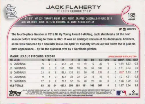 2022 Topps Chrome #195 Jack Flaherty NM-MT Cardinals ID:51604 - Baseball Card Single