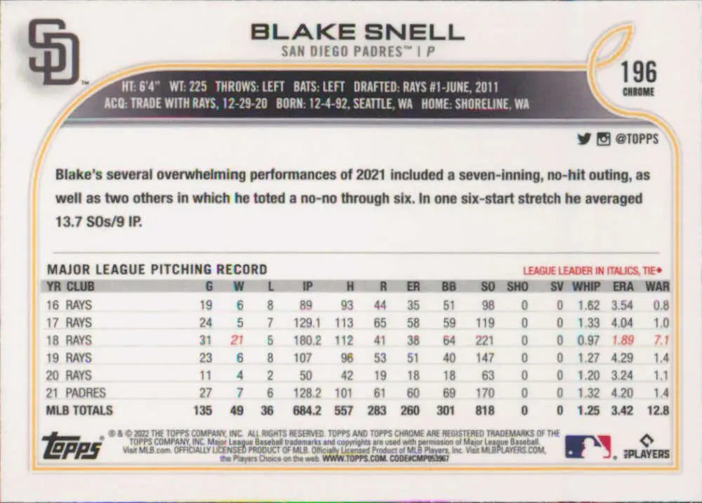 2022 Topps Chrome #196 Blake Snell NM-MT San Diego Padres Baseball Card - Baseball Card Single