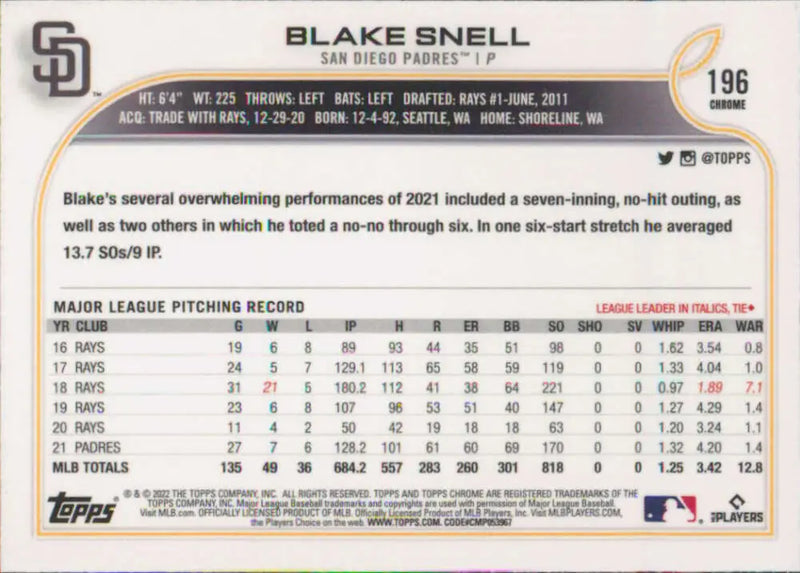 2022 Topps Chrome #196 Blake Snell NM-MT San Diego Padres Baseball Card - Baseball Card Single