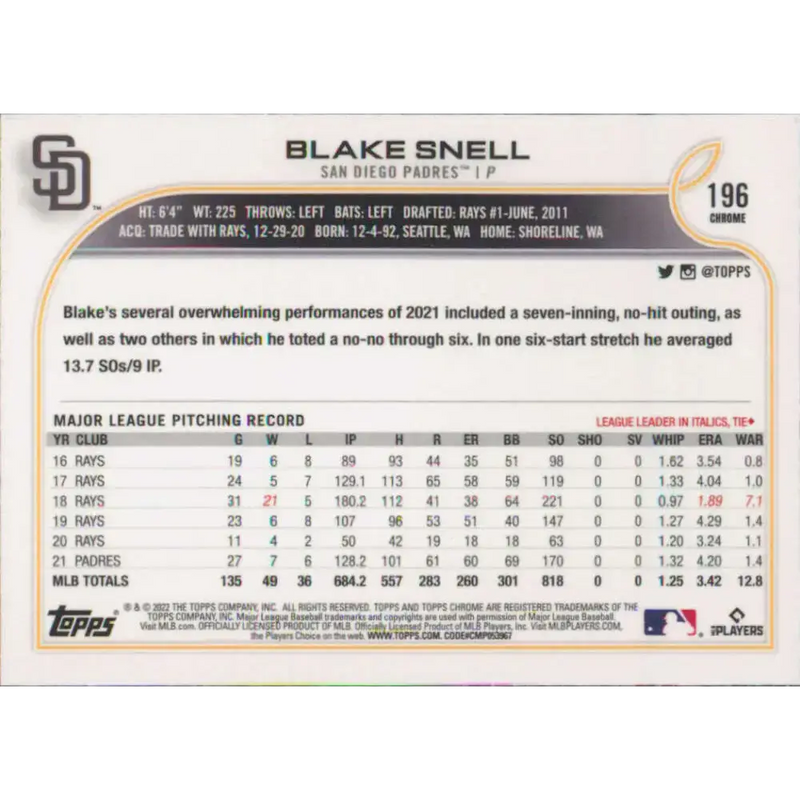 2022 Topps Chrome #196 Blake Snell NM-MT San Diego Padres Baseball Card - Baseball Card Single