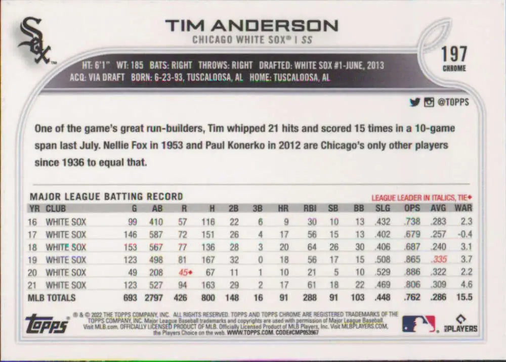 2022 Topps Chrome #197 Tim Anderson NM-MT Chicago White Sox Baseball Card - Baseball Card Single
