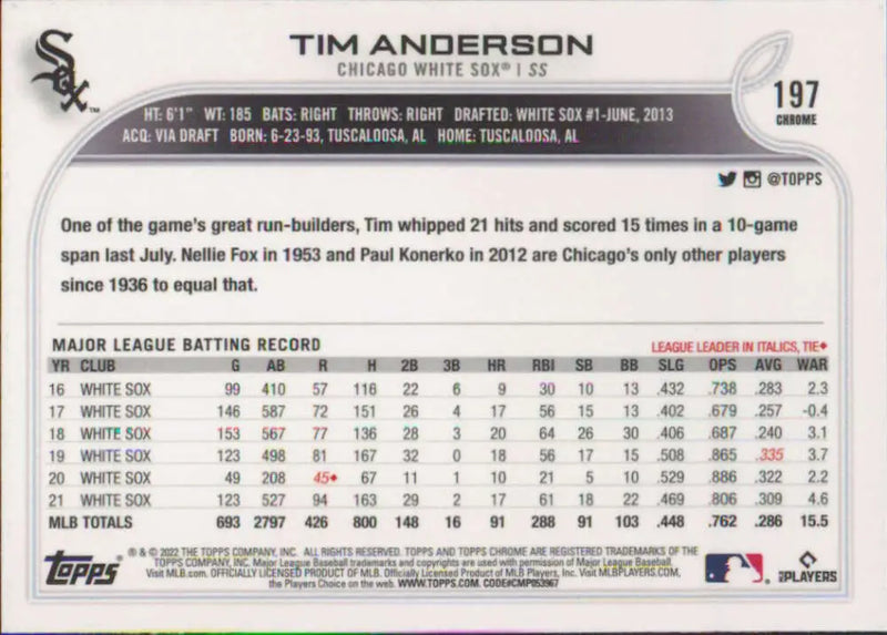 2022 Topps Chrome #197 Tim Anderson NM-MT Chicago White Sox Baseball Card - Baseball Card Single