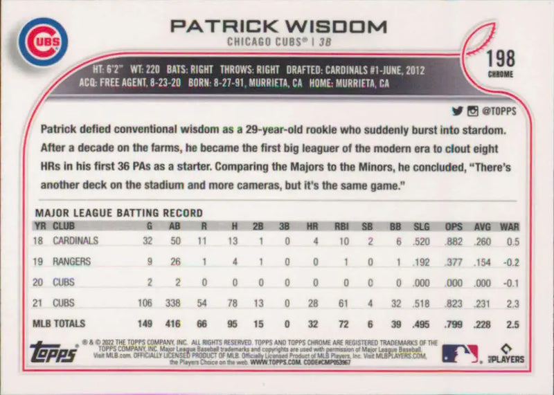 2022 Topps Chrome #198 Patrick Wisdom NM-MT Chicago Cubs Baseball Card - Baseball Card Single
