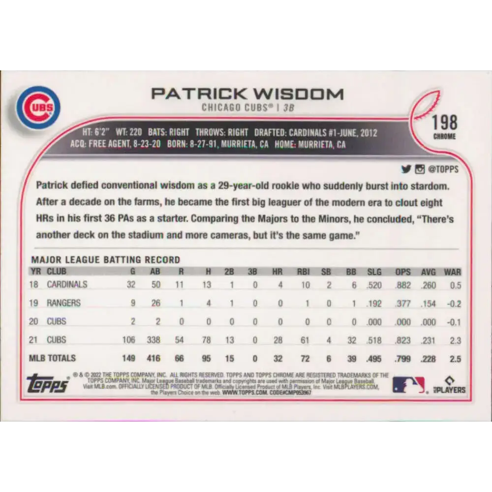 2022 Topps Chrome #198 Patrick Wisdom NM-MT Chicago Cubs Baseball Card - Baseball Card Single