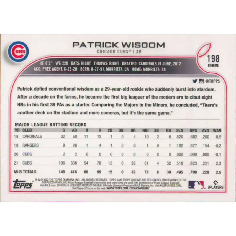 2022 Topps Chrome #198 Patrick Wisdom NM-MT Chicago Cubs Baseball Card - Baseball Card Single