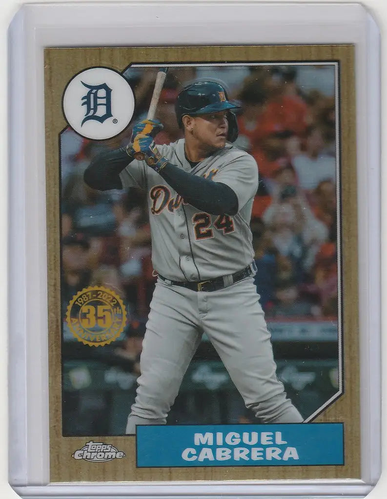 Baseball card of Miguel Cabrera in gray away uniform for Topps Chrome Detroit Tigers