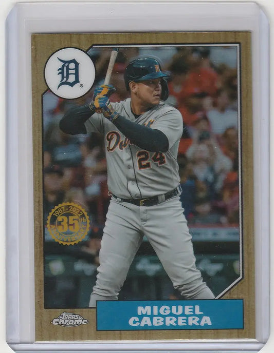 Baseball card of Miguel Cabrera in gray away uniform for Topps Chrome Detroit Tigers