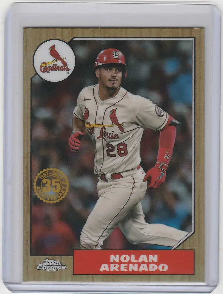 Baseball card of Nolan Arenado in Topps Chrome white and red St. Louis Cardinals uniform