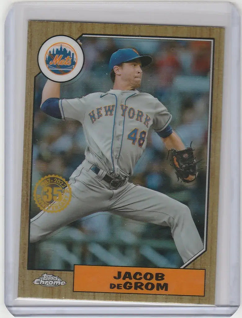 Topps Chrome Jacob deGrom baseball card showcasing New York Mets pitcher in motion