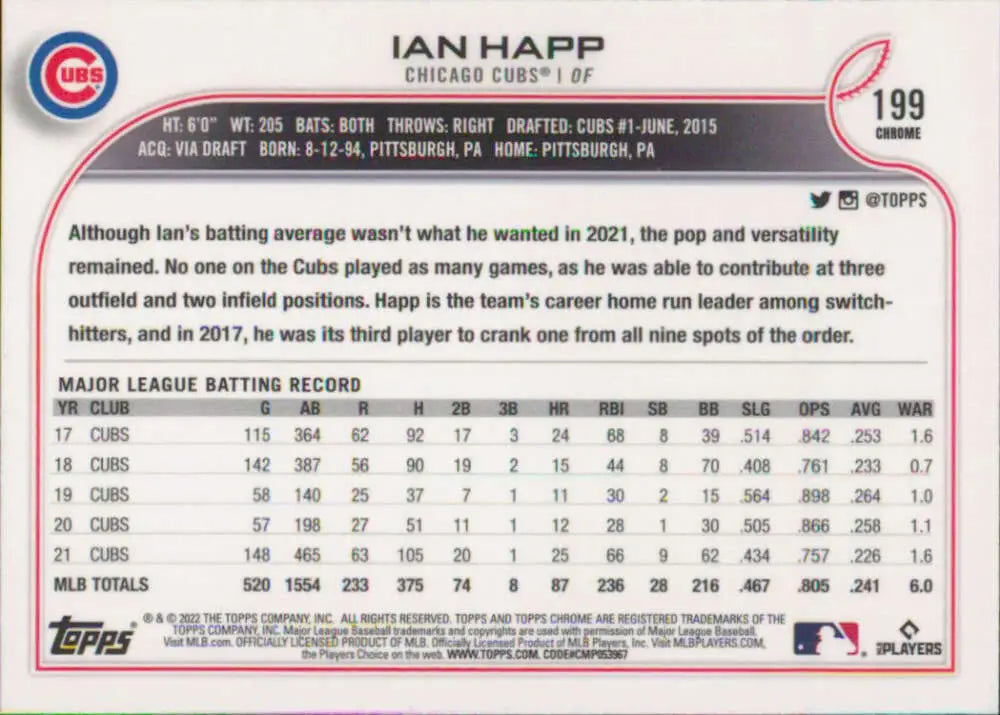 2022 Topps Chrome #199 Ian Happ NM-MT Chicago Cubs Baseball Card - Baseball Card Single