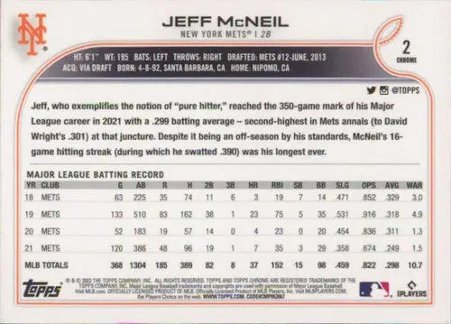 Original gloss 2022 Topps Chrome Jeff McNeil baseball card Mets ID 47757
