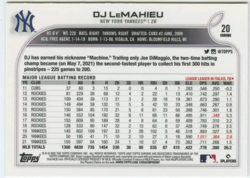 2022 Topps Chrome #20 DJ LeMahieu NM-MT New York Yankees Baseball Card - Baseball Card Single