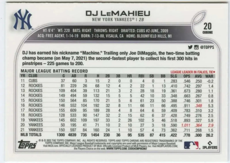 2022 Topps Chrome #20 DJ LeMahieu NM-MT New York Yankees Baseball Card - Baseball Card Single
