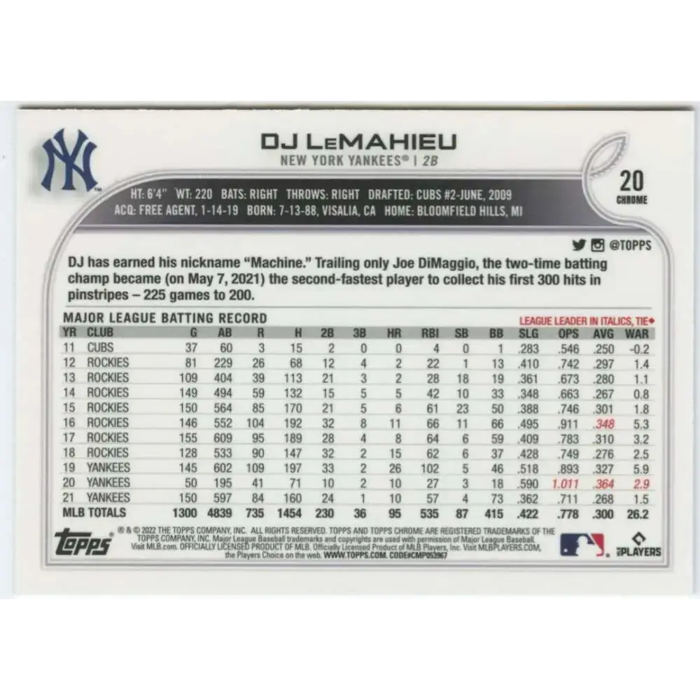 2022 Topps Chrome #20 DJ LeMahieu NM-MT New York Yankees Baseball Card - Baseball Card Single