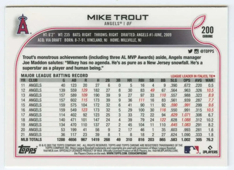 2022 Topps Chrome #200 Mike Trout NM-MT Los Angeles Angels Baseball Card - Baseball Card Single