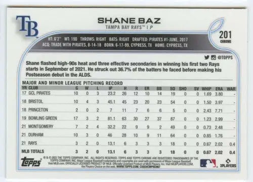 Original gloss 2022 Topps Chrome Shane Baz rookie baseball card with Rays ID 51605