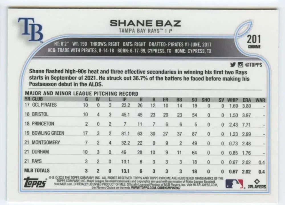 2022 Topps Chrome #201 Shane Baz NM-MT RC Rookie Tampa Bay Rays Baseball Card - Baseball Card Single