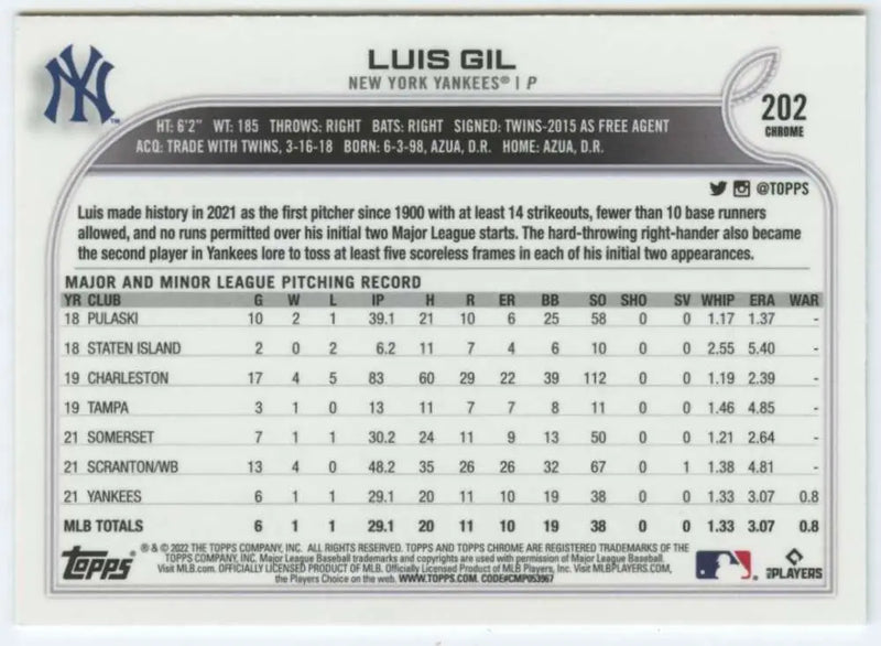 2022 Topps Chrome #202 Luis Gil NM-MT RC Rookie New York Yankees Baseball Card - Baseball Card Single