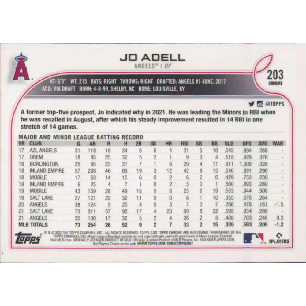 2022 Topps Chrome #203 Jo Adell NM-MT Los Angeles Angels Baseball Card - Baseball Card Single